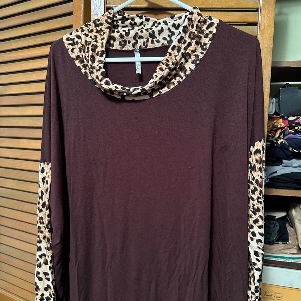 Brown Cowl Neck Shirt with Leopard around neck and part of sleeves